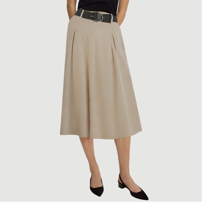 Khaki Belted Pleated Maxi Skirt - Image 2