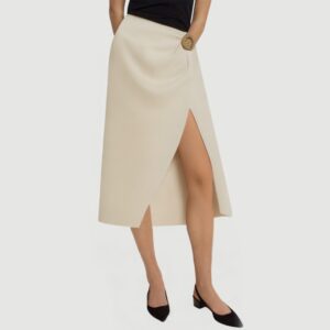 Beige side button front slit maxi skirt