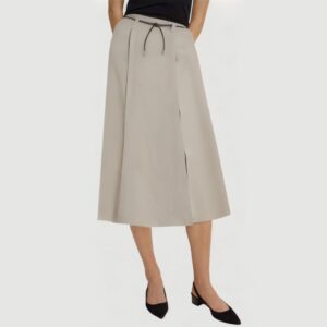 Beige belt-designed front slit maxi skirt