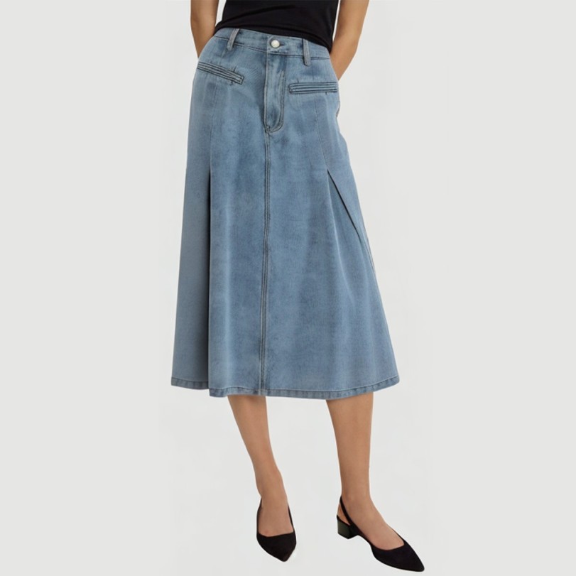 Fishtail pleated denim maxi skirt