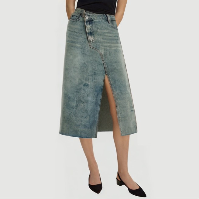 Denim long skirt with irregular side slits - Image 2