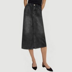 Black denim calf-length skirt with front slits