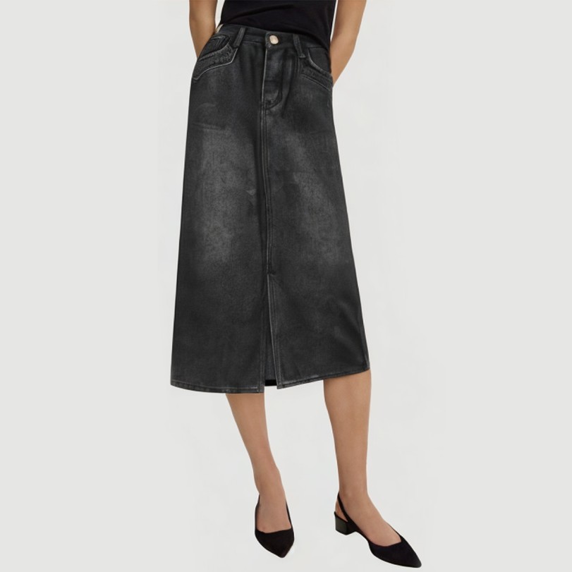 Black denim calf-length skirt with front slits