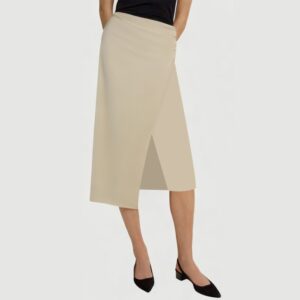 Beige pleated zip-up maxi skirt with front slit
