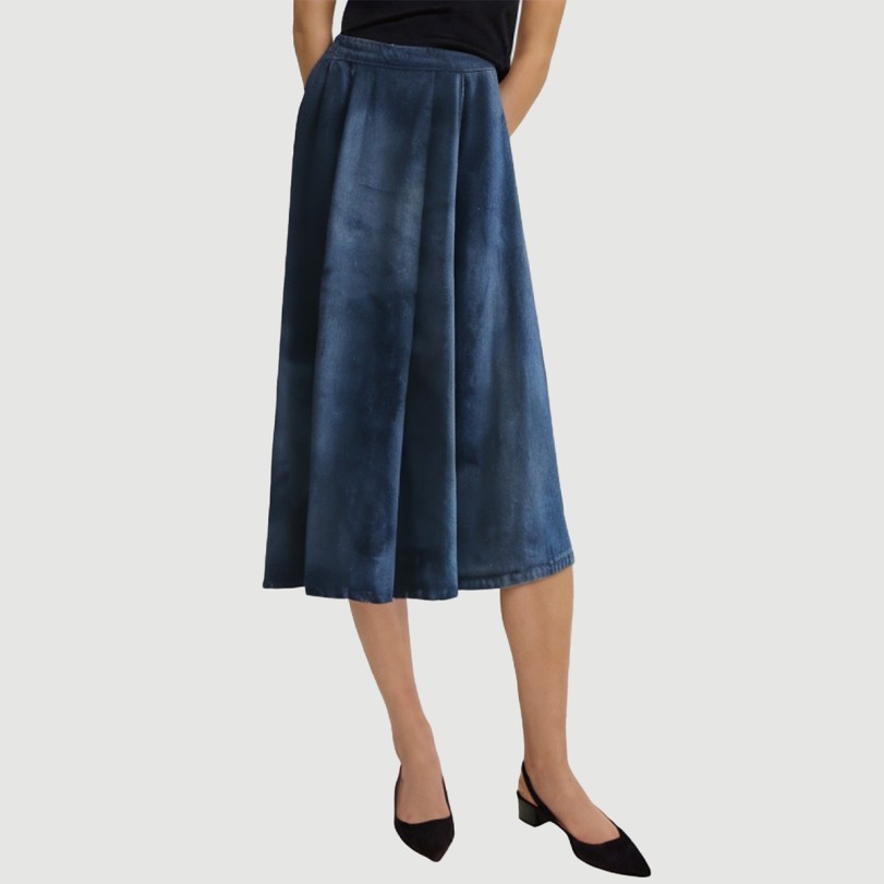 Denim blue front slit denim long skirt