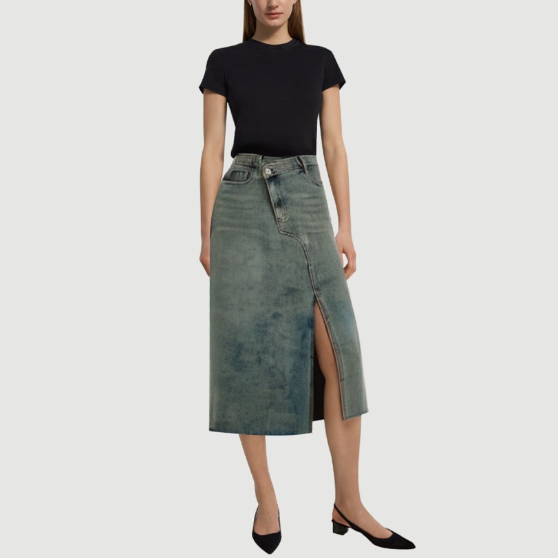 Denim long skirt with irregular side slits - Image 5