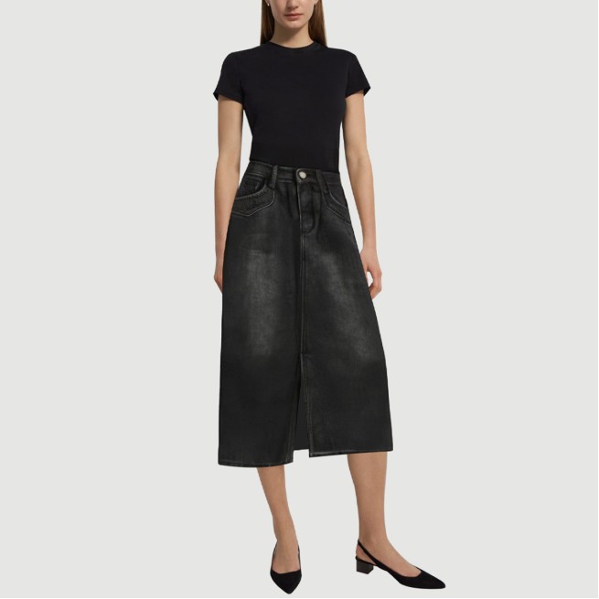 Black denim calf-length skirt with front slits - Image 6
