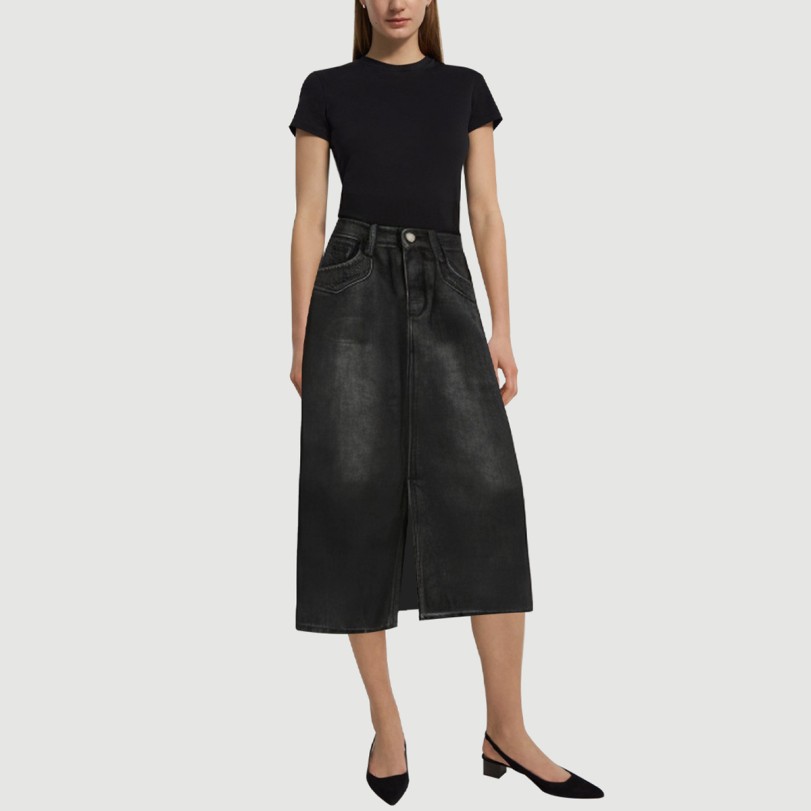 Black denim calf-length skirt with front slits - Image 5