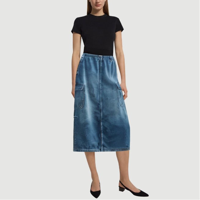 Denim blue calf-length skirt with front pockets - Image 6