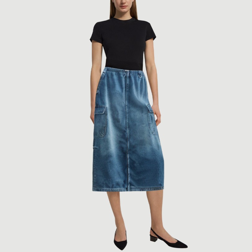 Denim blue calf-length skirt with front pockets - Image 5