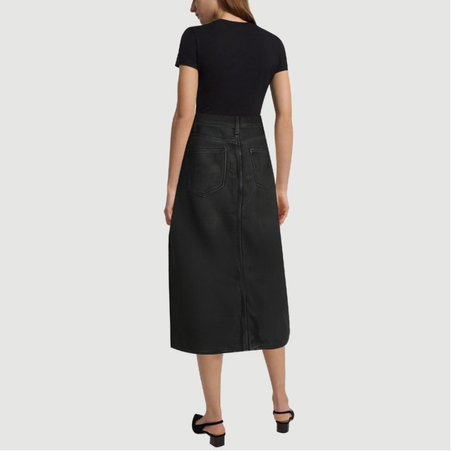 Black denim calf-length skirt with front slits - Image 4