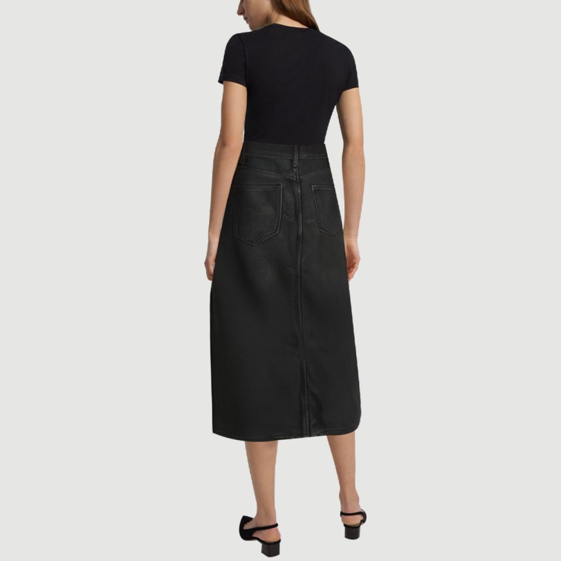 Black denim calf-length skirt with front slits - Image 3