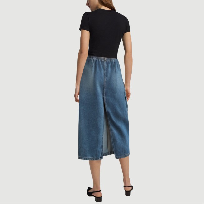 Denim blue calf-length skirt with front pockets - Image 4