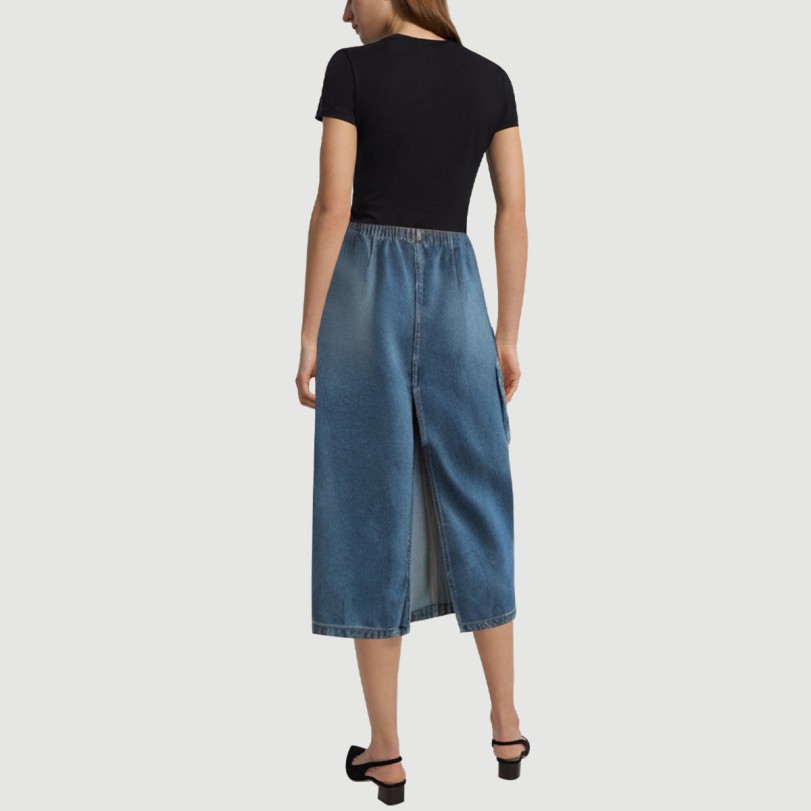 Denim blue calf-length skirt with front pockets - Image 3
