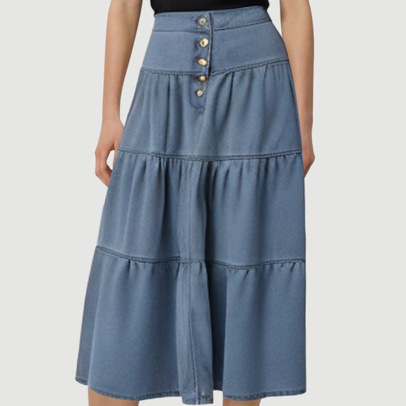 Light Blue Washed Denim Lotus Maxi Skirt - Image 7