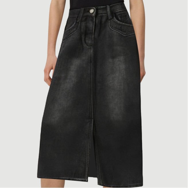 Black denim calf-length skirt with front slits - Image 8