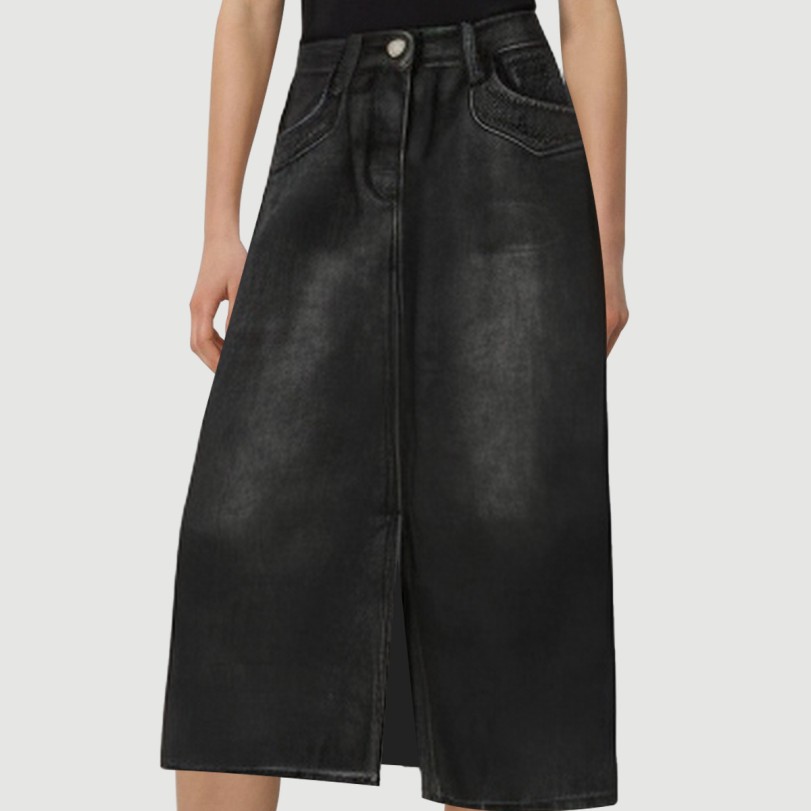 Black denim calf-length skirt with front slits - Image 7