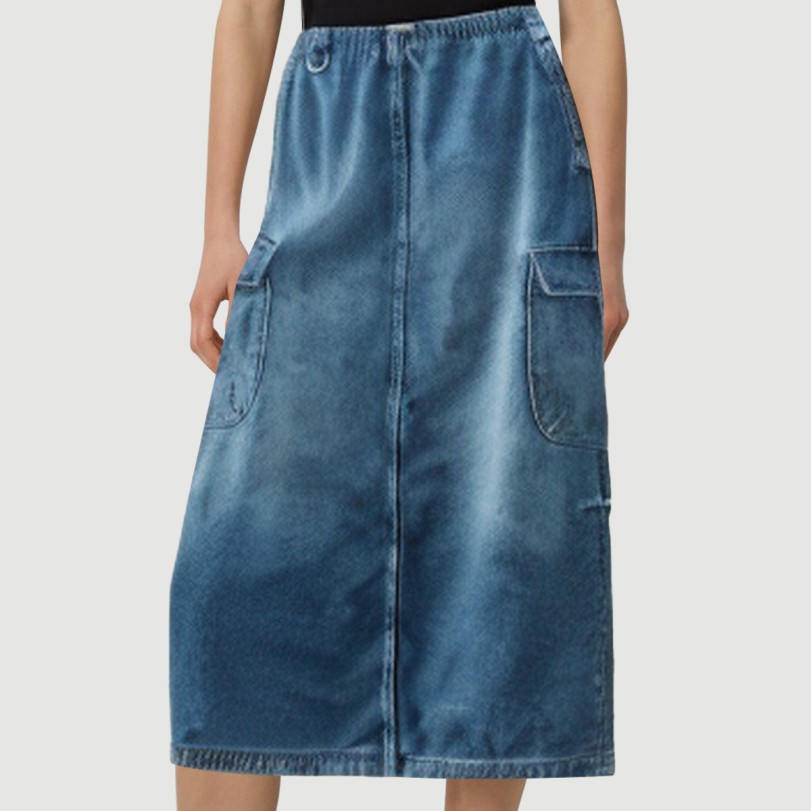Denim blue calf-length skirt with front pockets - Image 7