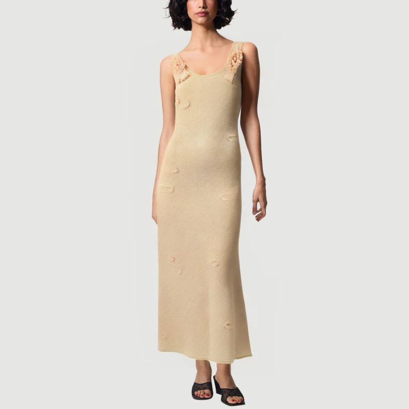 French holiday style solid color floral maxi dress