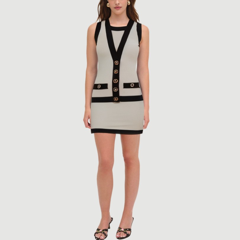 Colorblock button-embellished knit skirt suit