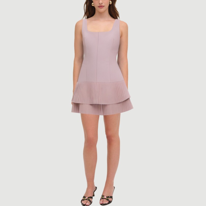 Retro square neck sleeveless pleated skirt