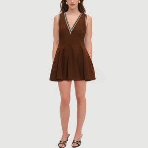 Brown V-neck sleeveless pleated dress