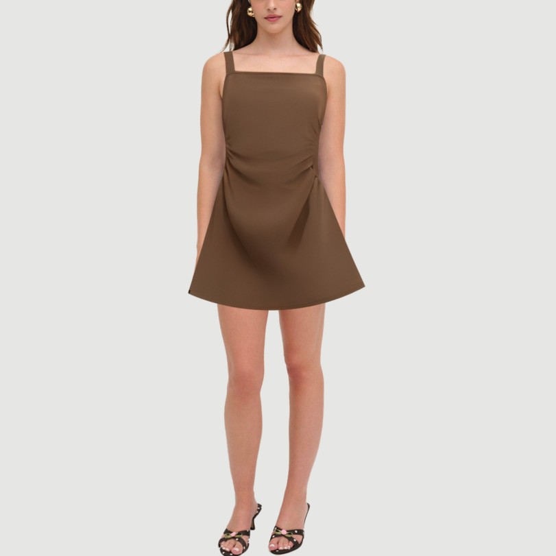 Solid color side pleated spaghetti strap skirt