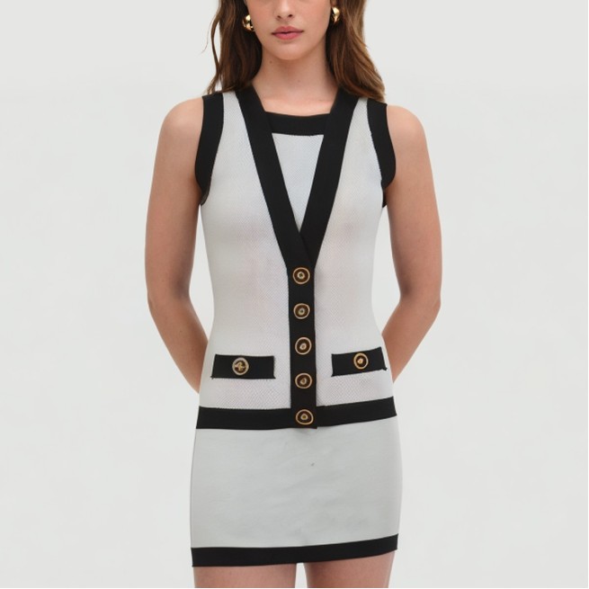 Colorblock button-embellished knit skirt suit - Image 6